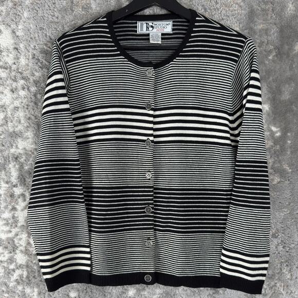 Norton Studio Petite Size PL Striped Casual Button Cardigan Sweater Black White - Picture 1 of 10